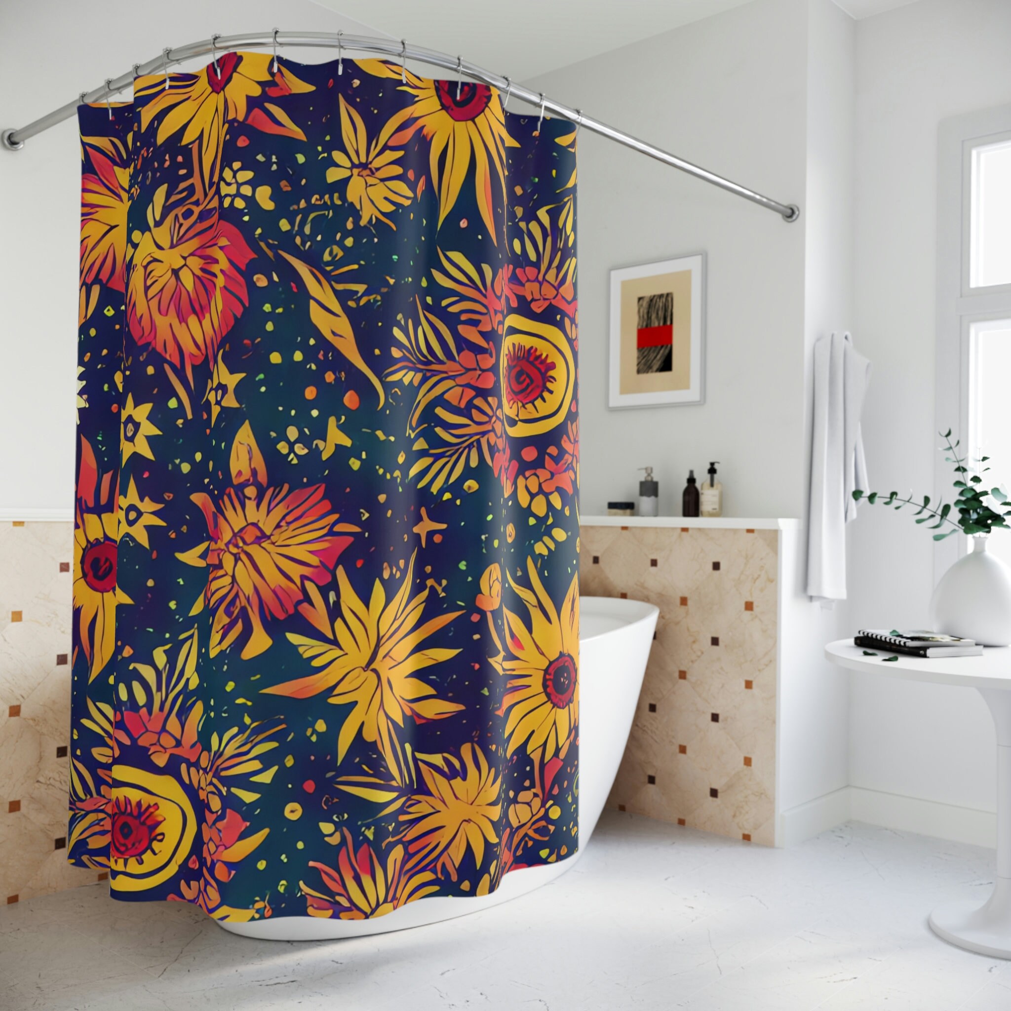 Modern Boho Art Print Abstract Flower Shower Curtain For Bathroom Decor