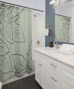 Modern Boho Green And Gray Shower Curtain With Bold Abstract Print, Unique Housewarming Gift For Bathroom Decor