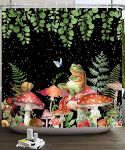Modern Boho Mushroom Shower Curtain - Green Leaves and Botanical Eucalyptus Floral Plant Bathroom Decor