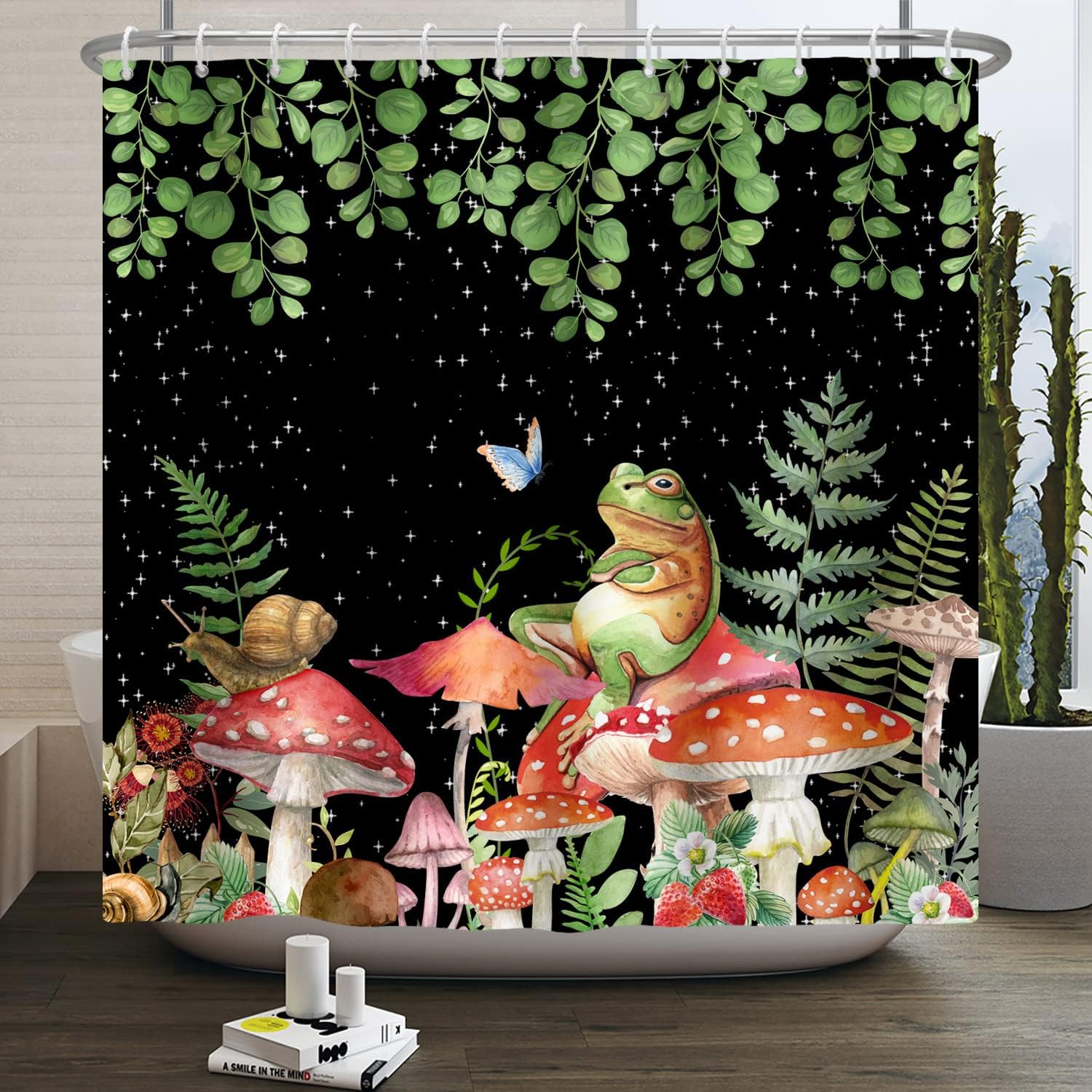 Modern Boho Mushroom Shower Curtain - Green Leaves and Botanical Eucalyptus Floral Plant Bathroom Decor