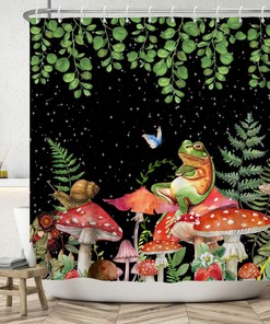 Modern Boho Mushroom Shower Curtain - Green Leaves and Botanical Eucalyptus Floral Plant Bathroom Decor