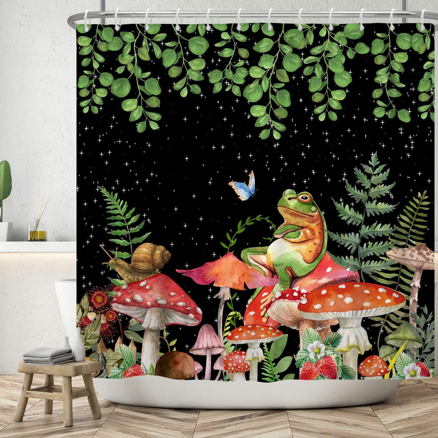 Modern Boho Mushroom Shower Curtain - Green Leaves and Botanical Eucalyptus Floral Plant Bathroom Decor