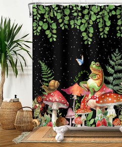 Modern Boho Mushroom Shower Curtain - Green Leaves and Botanical Eucalyptus Floral Plant Bathroom Decor