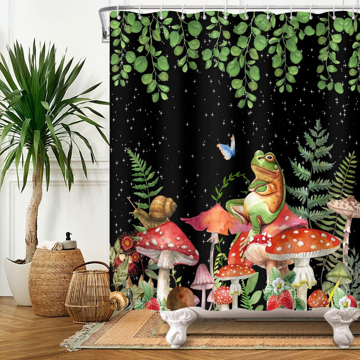 Modern Boho Mushroom Shower Curtain - Green Leaves and Botanical Eucalyptus Floral Plant Bathroom Decor