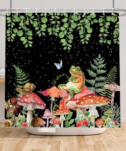 Modern Boho Mushroom Shower Curtain - Green Leaves and Botanical Eucalyptus Floral Plant Bathroom Decor