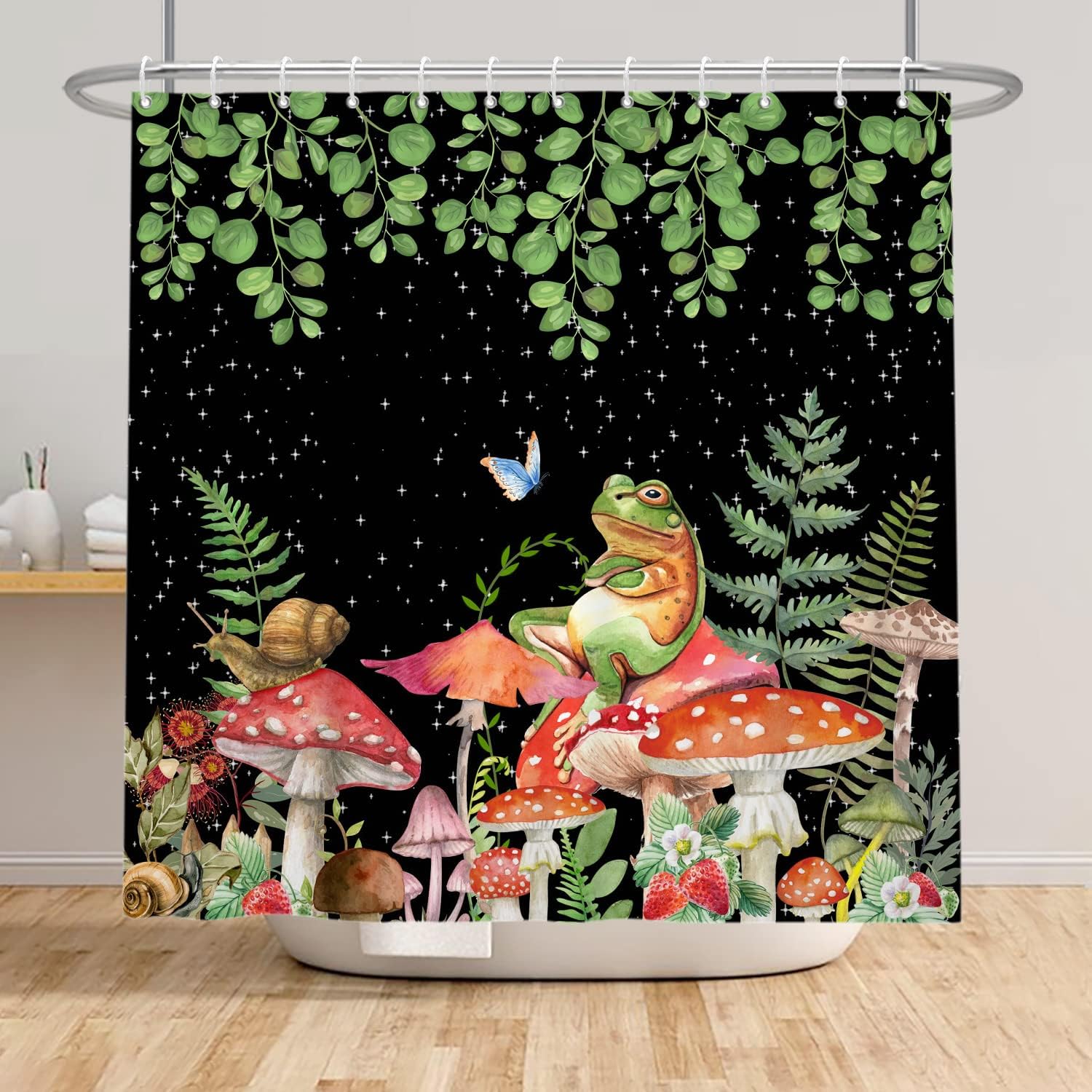 Modern Boho Mushroom Shower Curtain - Green Leaves and Botanical Eucalyptus Floral Plant Bathroom Decor
