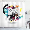 Modern Console Game Controller Shower Curtain, Cloth Fabric Bathroom Decor in Grey and Multicolor with Halftone Motif 