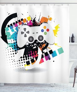 Modern Console Game Controller Shower Curtain, Cloth Fabric Bathroom Decor in Grey and Multicolor with Halftone Motif 