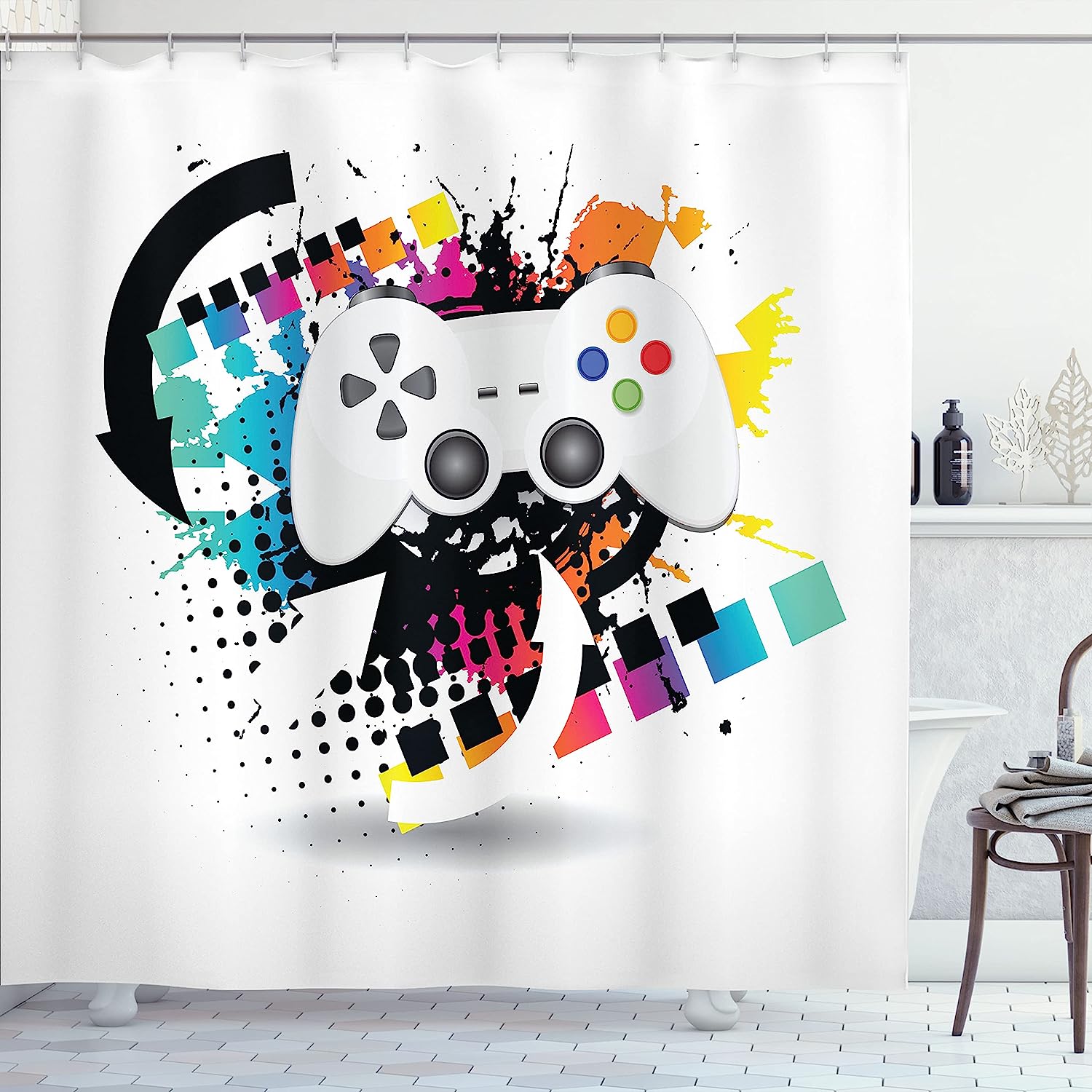 Modern Console Game Controller Shower Curtain, Cloth Fabric Bathroom Decor in Grey and Multicolor with Halftone Motif