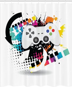 Modern Console Game Controller Shower Curtain, Cloth Fabric Bathroom Decor in Grey and Multicolor with Halftone Motif