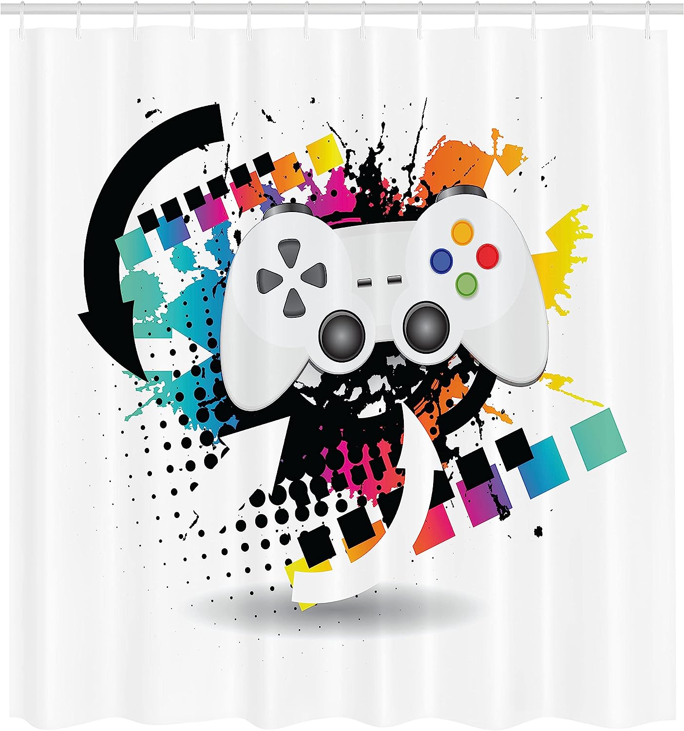Modern Console Game Controller Shower Curtain, Cloth Fabric Bathroom Decor in Grey and Multicolor with Halftone Motif