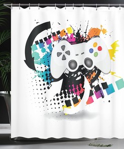 Modern Console Game Controller Shower Curtain, Cloth Fabric Bathroom Decor in Grey and Multicolor with Halftone Motif