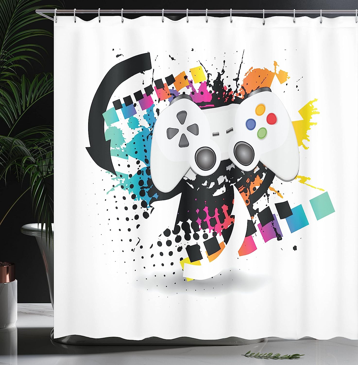 Modern Console Game Controller Shower Curtain, Cloth Fabric Bathroom Decor in Grey and Multicolor with Halftone Motif