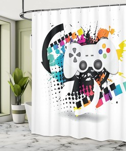 Modern Console Game Controller Shower Curtain, Cloth Fabric Bathroom Decor in Grey and Multicolor with Halftone Motif