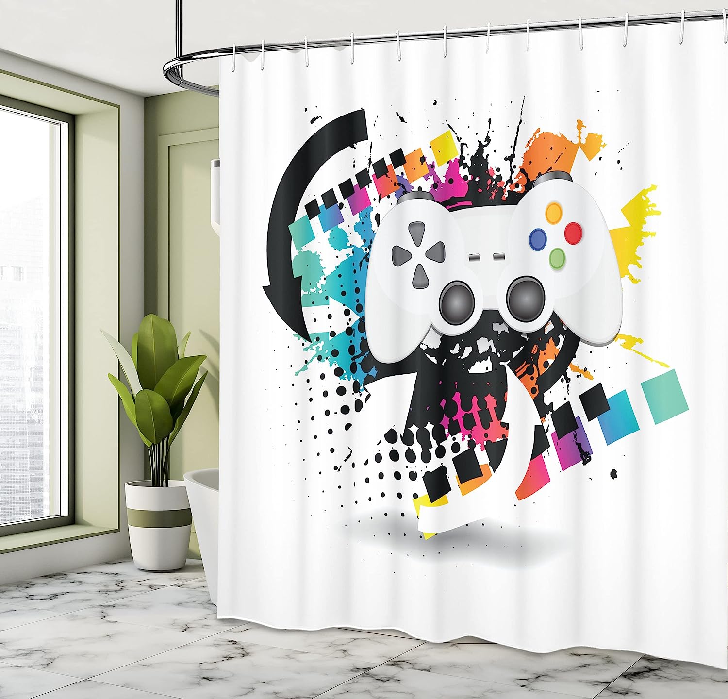 Modern Console Game Controller Shower Curtain, Cloth Fabric Bathroom Decor in Grey and Multicolor with Halftone Motif