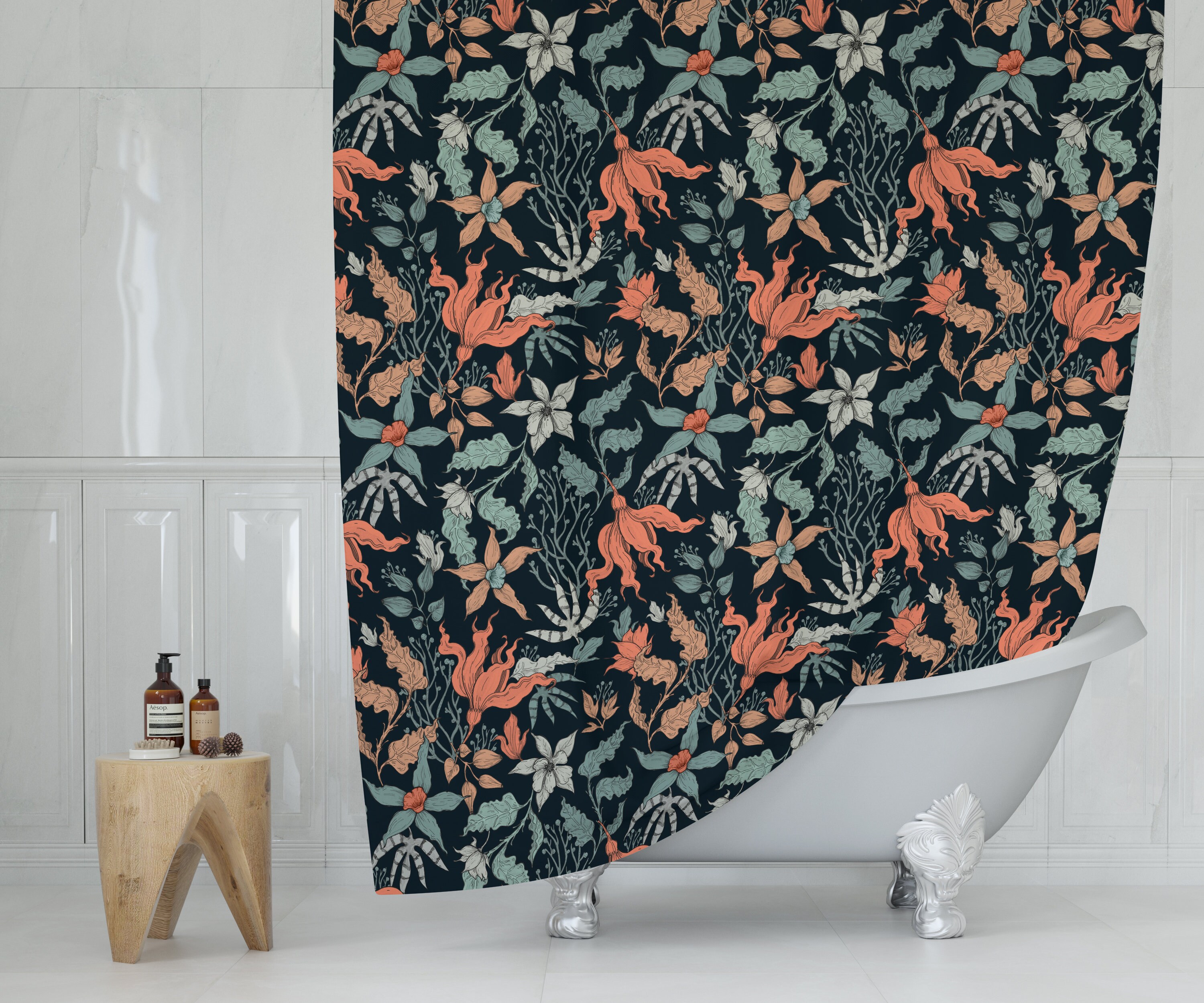 Modern Dark Floral Print Fabric Shower Curtain - Elegant Bathroom Decor