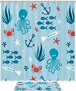 Modern Double Glide Hooks Octopus Fishes Ocean Print Shower Curtain for Bathroom