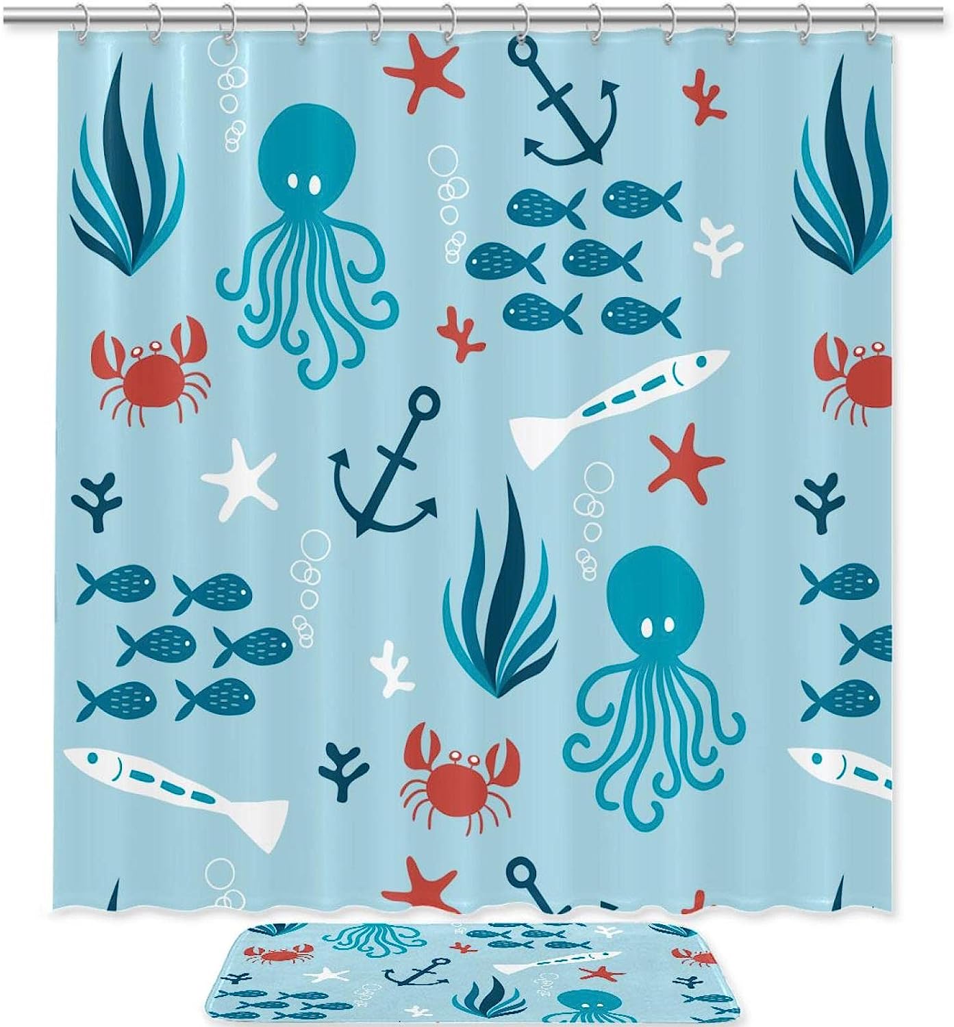 Modern Double Glide Hooks Octopus Fishes Ocean Print Shower Curtain for Bathroom