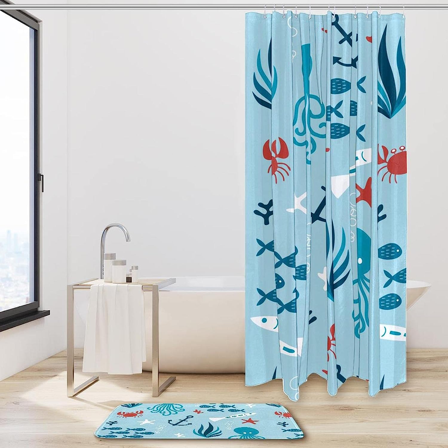 Modern Double Glide Hooks Octopus Fishes Ocean Print Shower Curtain for Bathroom