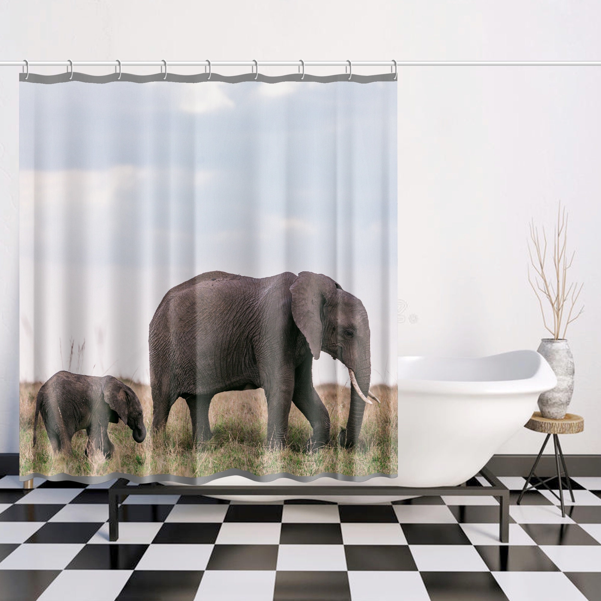 Modern Elephant Print Bath Curtain For Elegant Shower Room