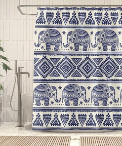 Modern Elephant Shower Curtain, Blue Animal Bathroom Decor by VCQPDEE