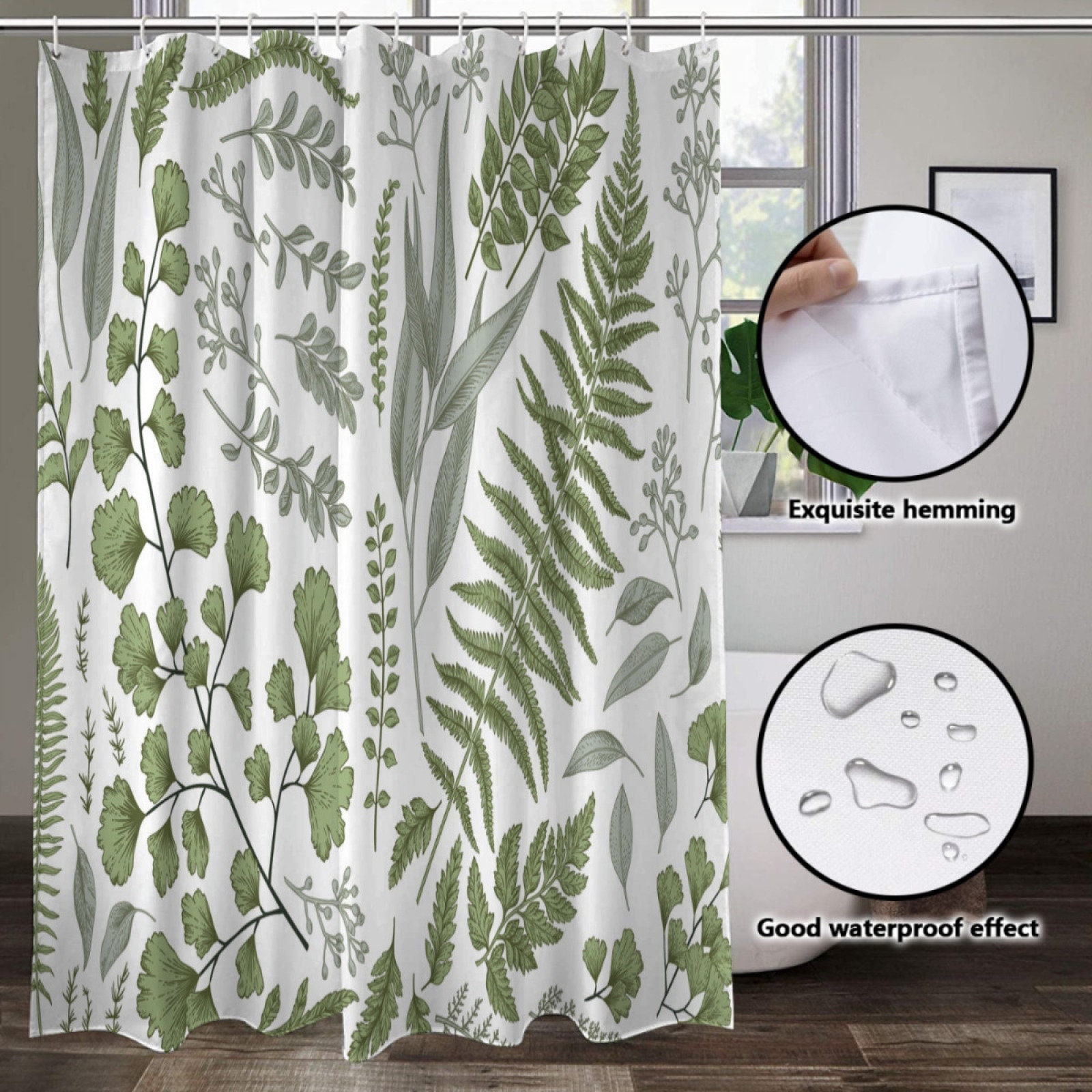 Modern Eucalyptus Leaf Shower Curtain, Waterproof Fabric Bathroom Curtain With Botanical Print