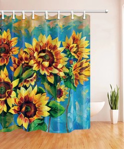 Modern Fabric Bathroom Shower Curtain with Oil Painting Sunflower Design, Waterproof - Unbranded