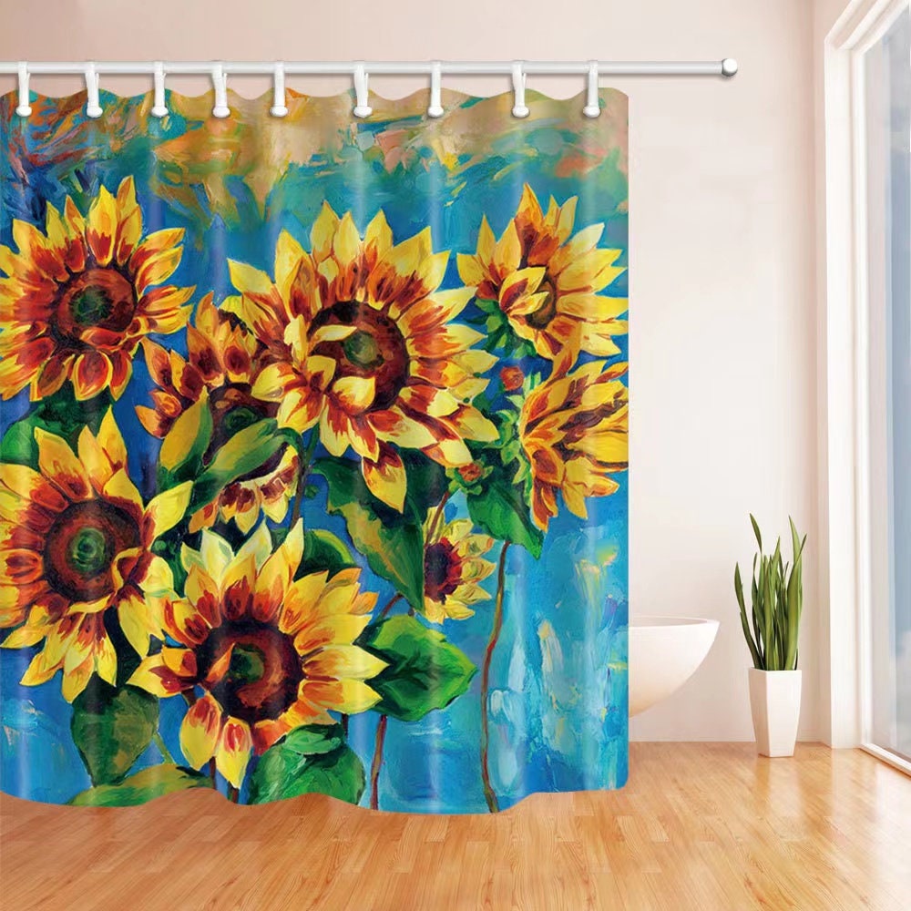 Modern Fabric Bathroom Shower Curtain with Oil Painting Sunflower Design, Waterproof - Unbranded