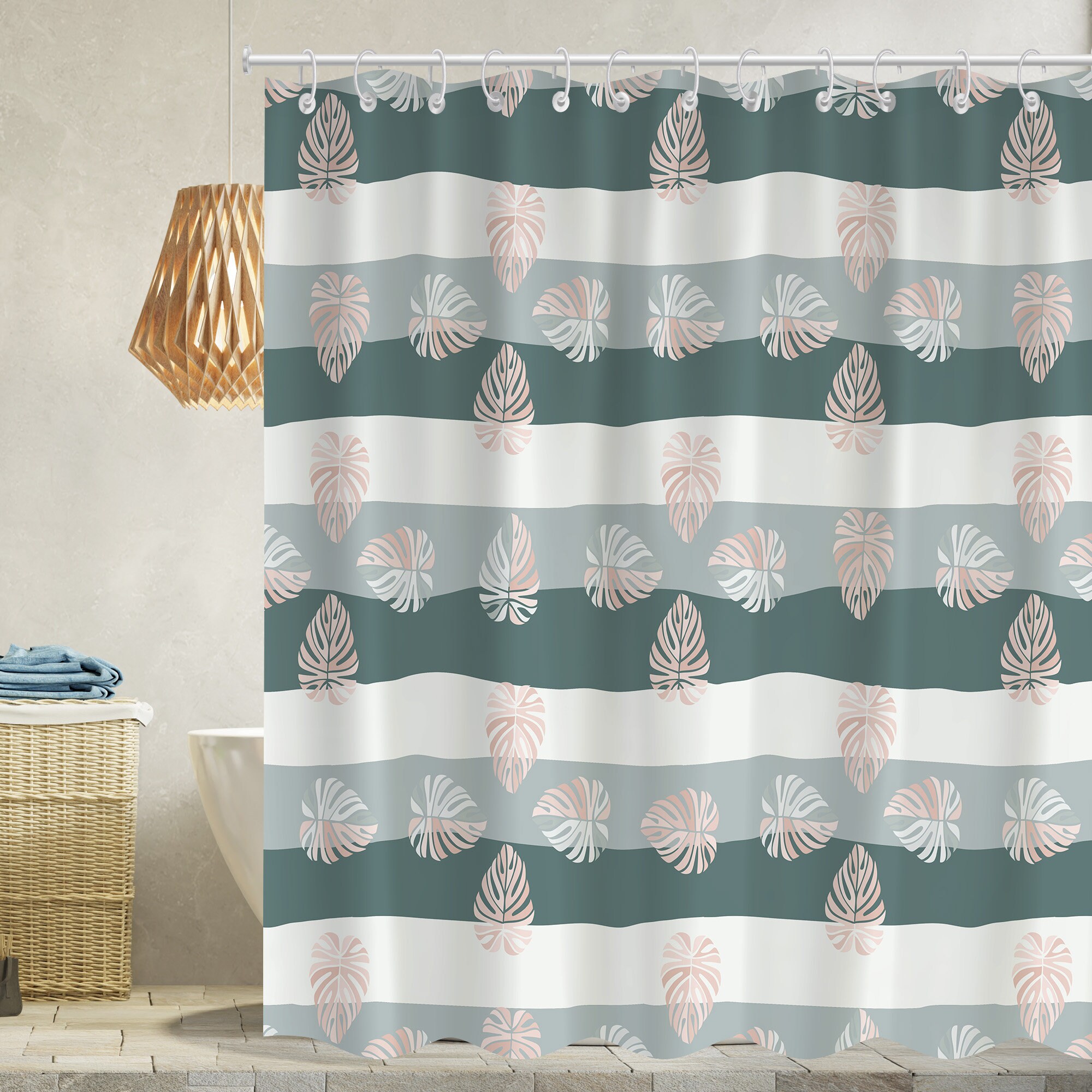 Modern Fabric Decor Waterproof Shower Curtain with Tropical Palm Leaf Taupe Design, for Bathroom Decor