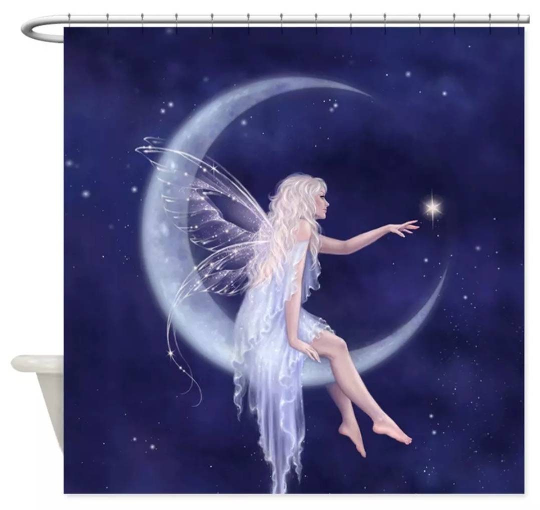 Modern Fairy On The Moon Shower And Bath Curtain Set, Beautiful Bathroom Decor
