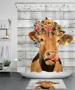 Modern Farmhouse Bathroom Accessory With Cow And Flowers Shower Curtain - Rustic Decor For Bathroom