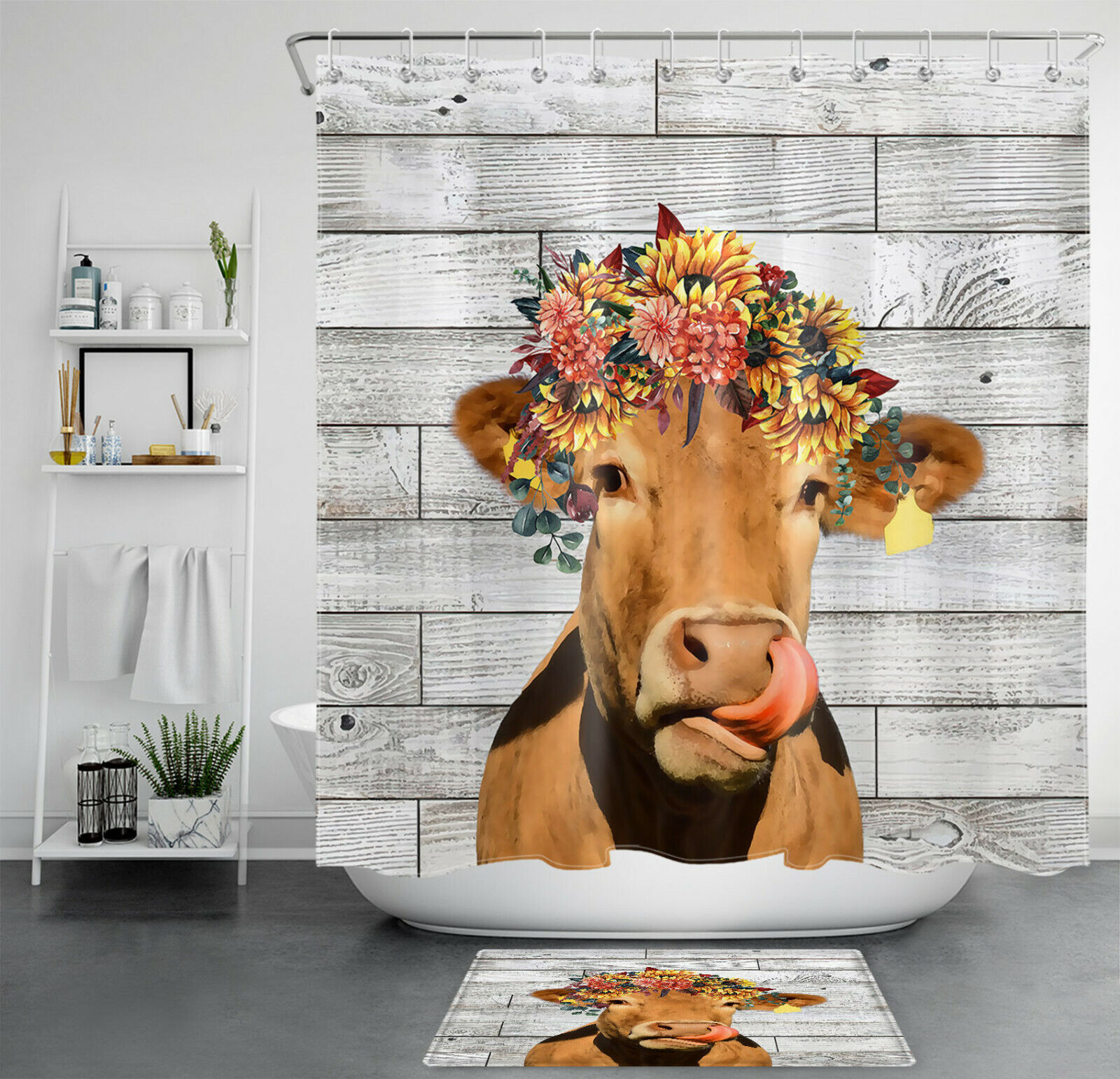 Modern Farmhouse Bathroom Accessory With Cow And Flowers Shower Curtain - Rustic Decor For Bathroom