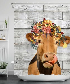Modern Farmhouse Bathroom Accessory With Cow And Flowers Shower Curtain - Rustic Decor For Bathroom