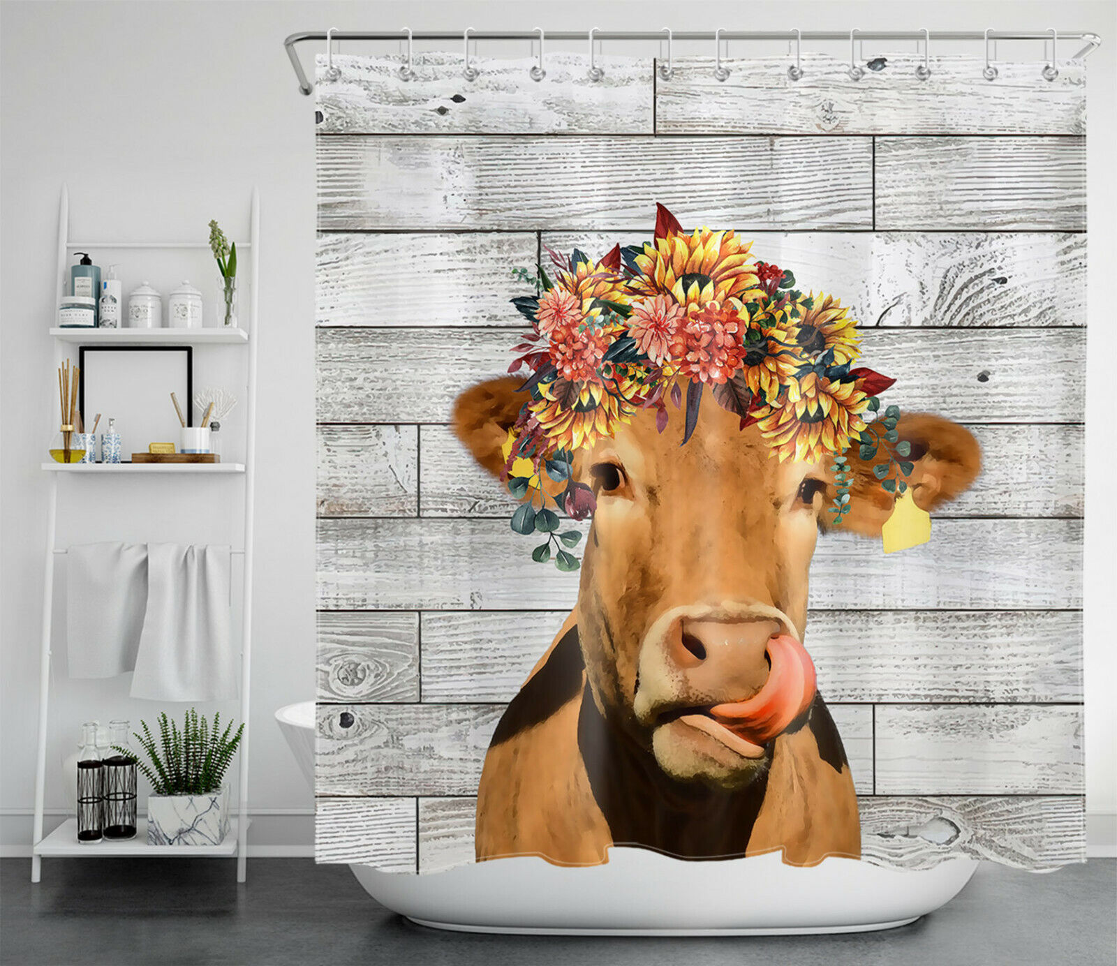 Modern Farmhouse Bathroom Accessory With Cow And Flowers Shower Curtain - Rustic Decor For Bathroom