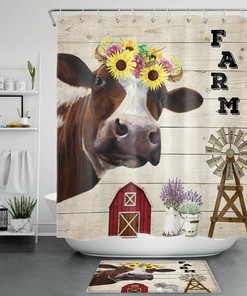 Modern Farmhouse Bathroom Accessory With Cow And Sunflower Shower Curtain - Rustic Decor For Bathroom