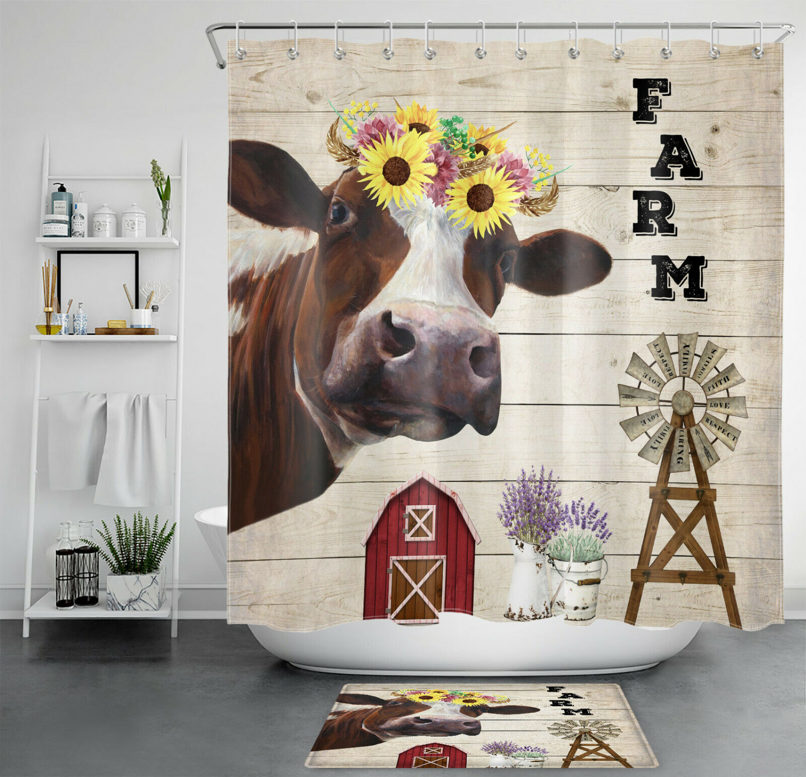 Modern Farmhouse Bathroom Accessory With Cow And Sunflower Shower Curtain - Rustic Decor For Bathroom