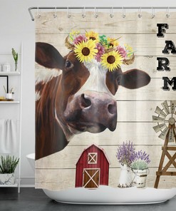 Modern Farmhouse Bathroom Accessory With Cow And Sunflower Shower Curtain - Rustic Decor For Bathroom