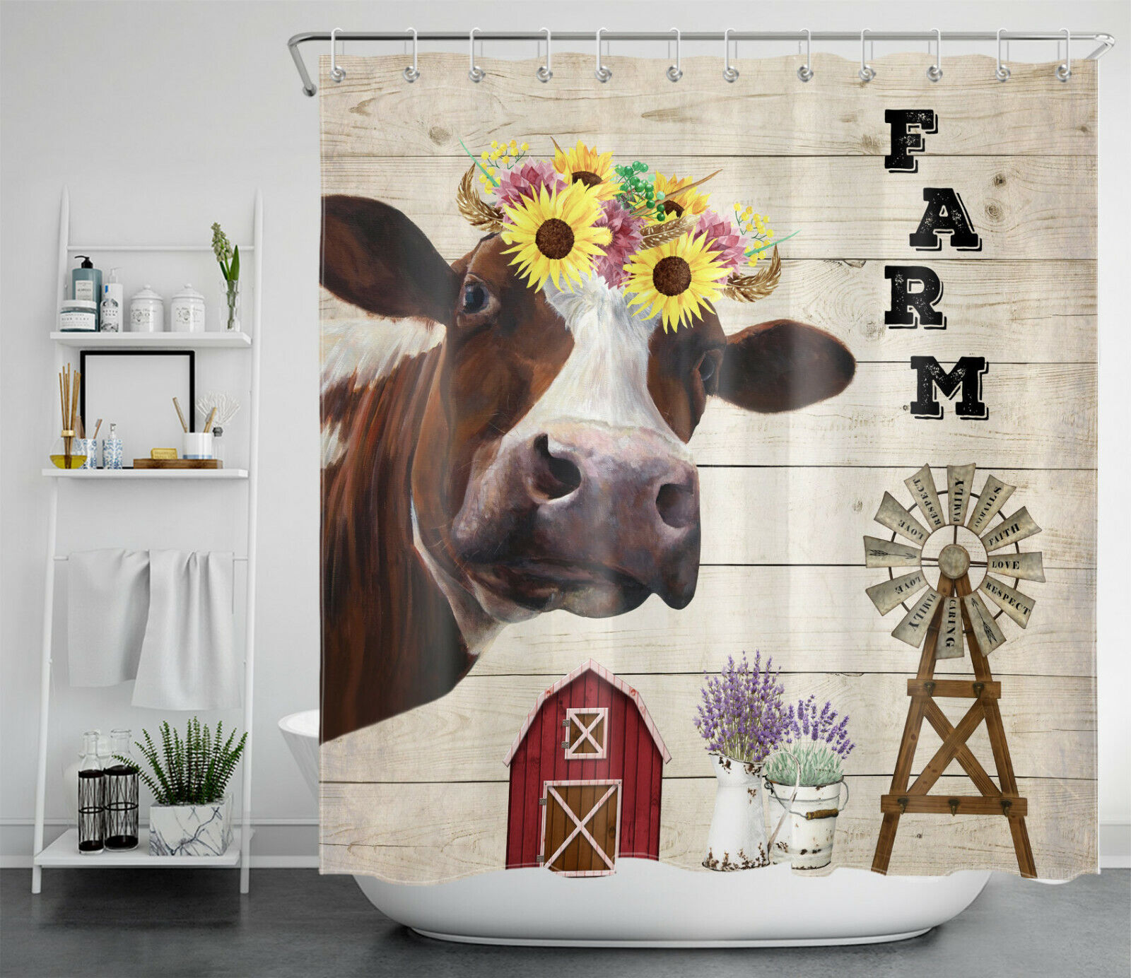Modern Farmhouse Bathroom Accessory With Cow And Sunflower Shower Curtain - Rustic Decor For Bathroom