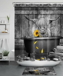 Modern Farmhouse Highland Cow Sunflower Shower Curtain Funny Bathroom Decor