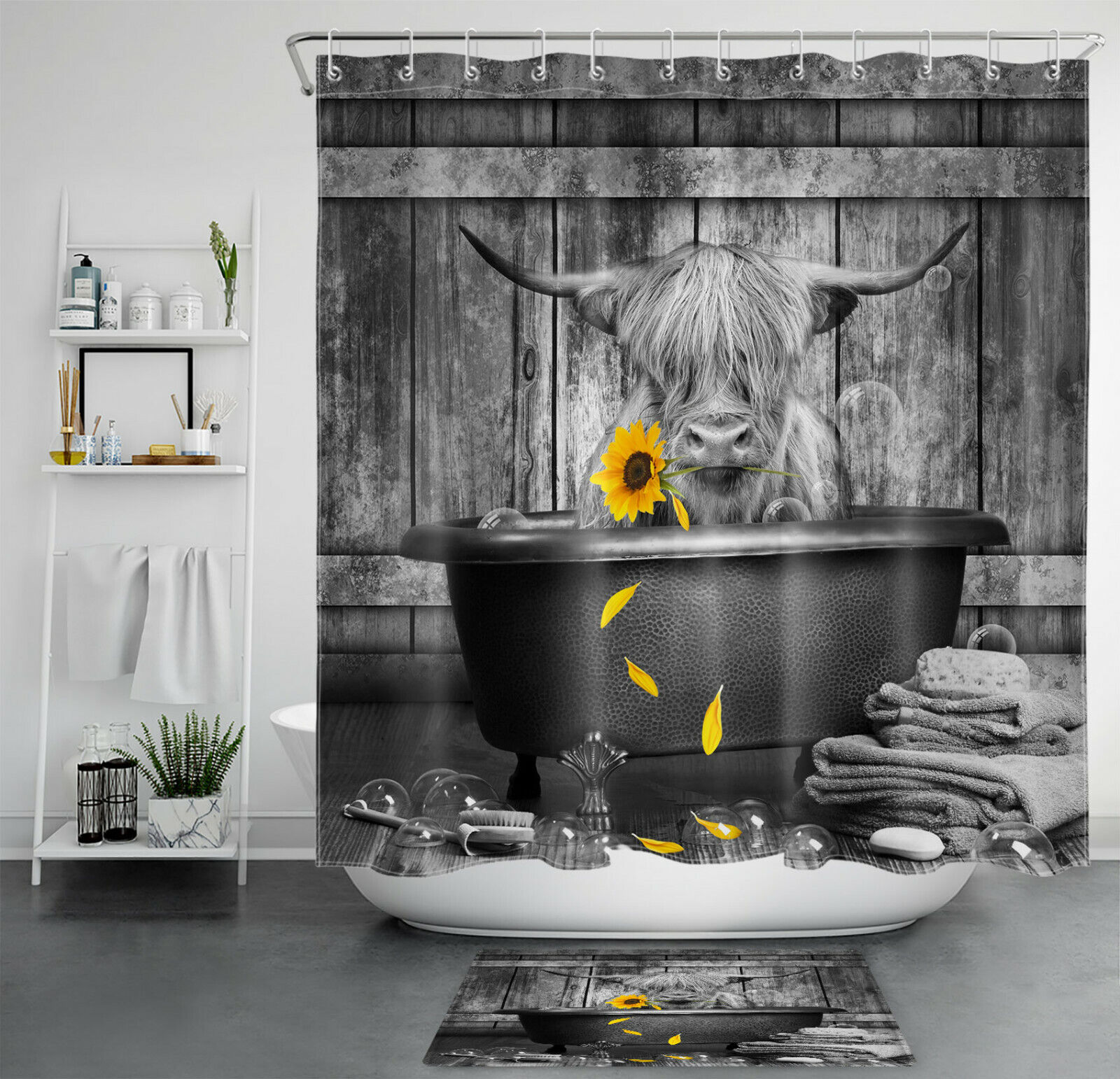Modern Farmhouse Highland Cow Sunflower Shower Curtain Funny Bathroom Decor