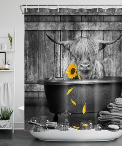 Modern Farmhouse Highland Cow Sunflower Shower Curtain Funny Bathroom Decor