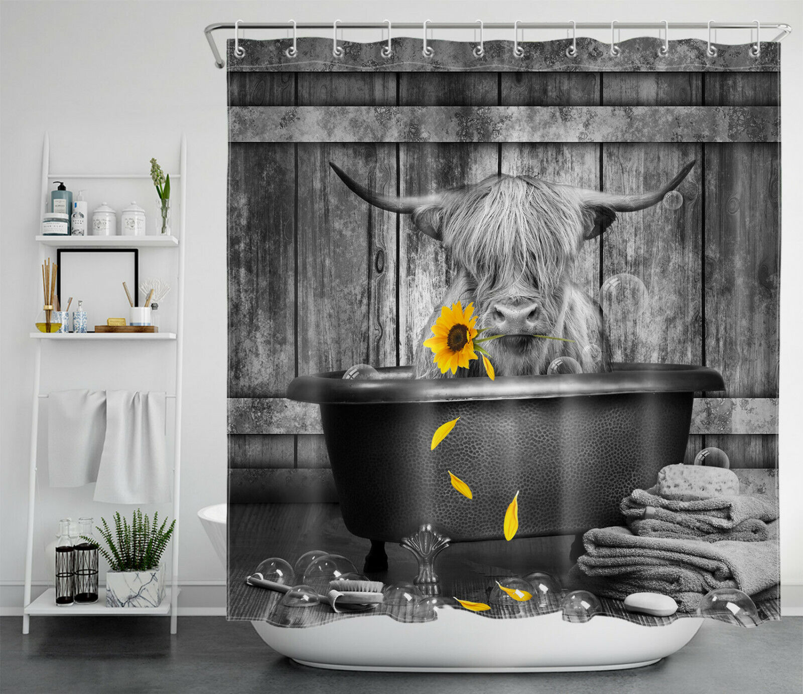 Modern Farmhouse Highland Cow Sunflower Shower Curtain Funny Bathroom Decor