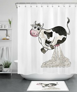Modern Farmhouse Milk Bathroom Accessory - Funny Cow Shower Curtain For Rustic Decor