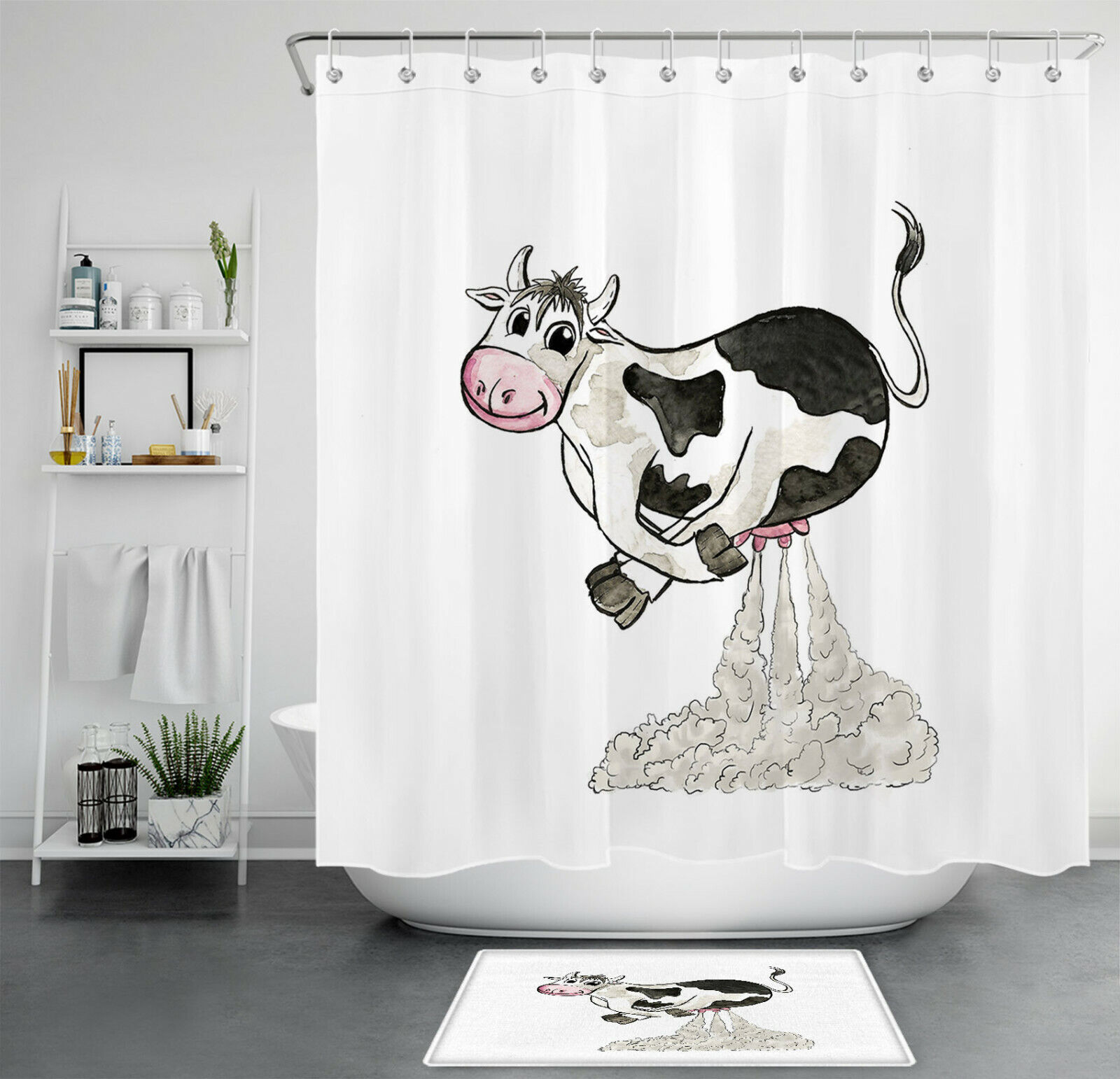Modern Farmhouse Milk Bathroom Accessory - Funny Cow Shower Curtain For Rustic Decor