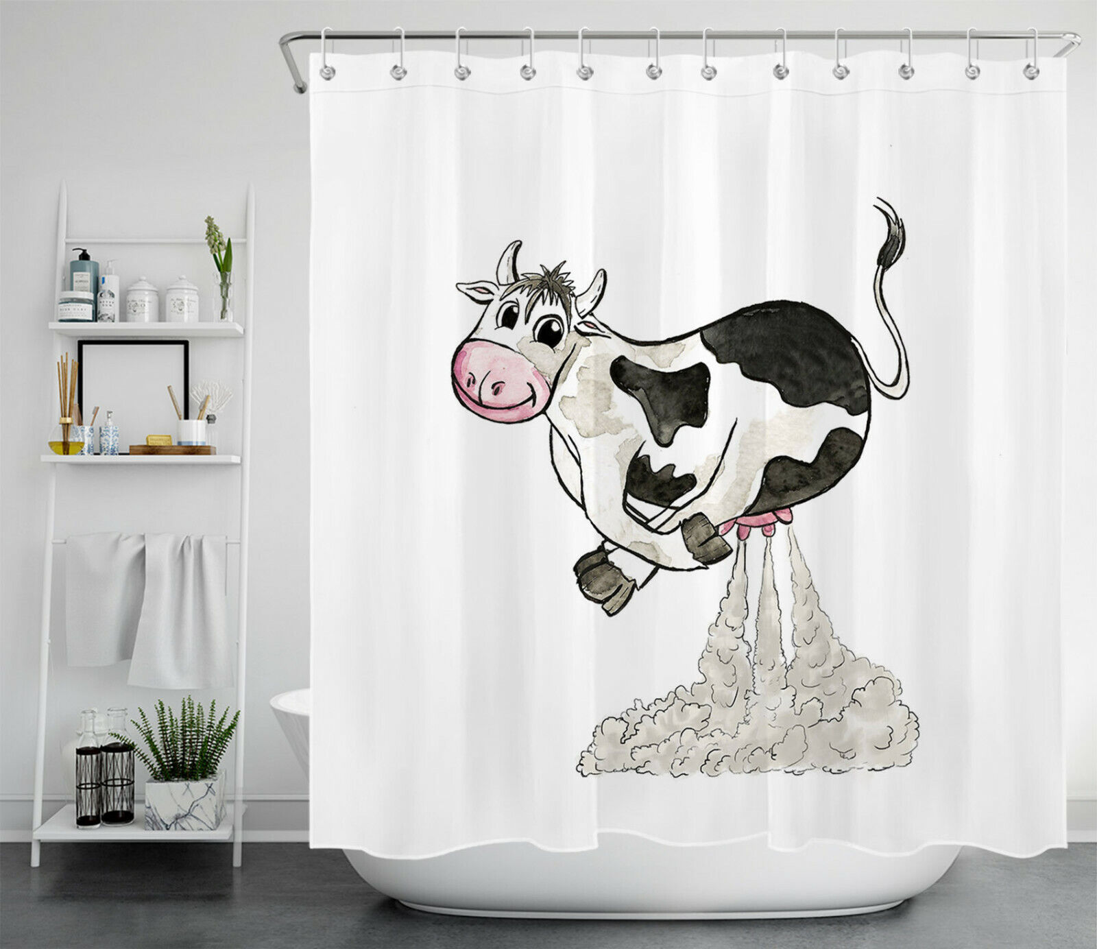 Modern Farmhouse Milk Bathroom Accessory - Funny Cow Shower Curtain For Rustic Decor
