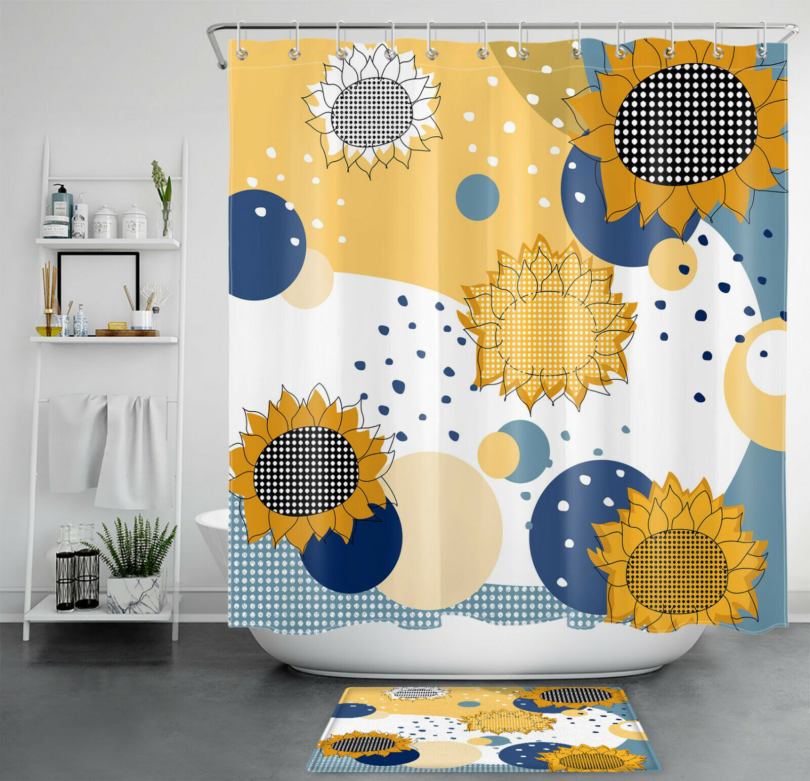Modern Farmhouse Shower Curtain With Abstract Sunflowers Design For Chic Bathroom Decor