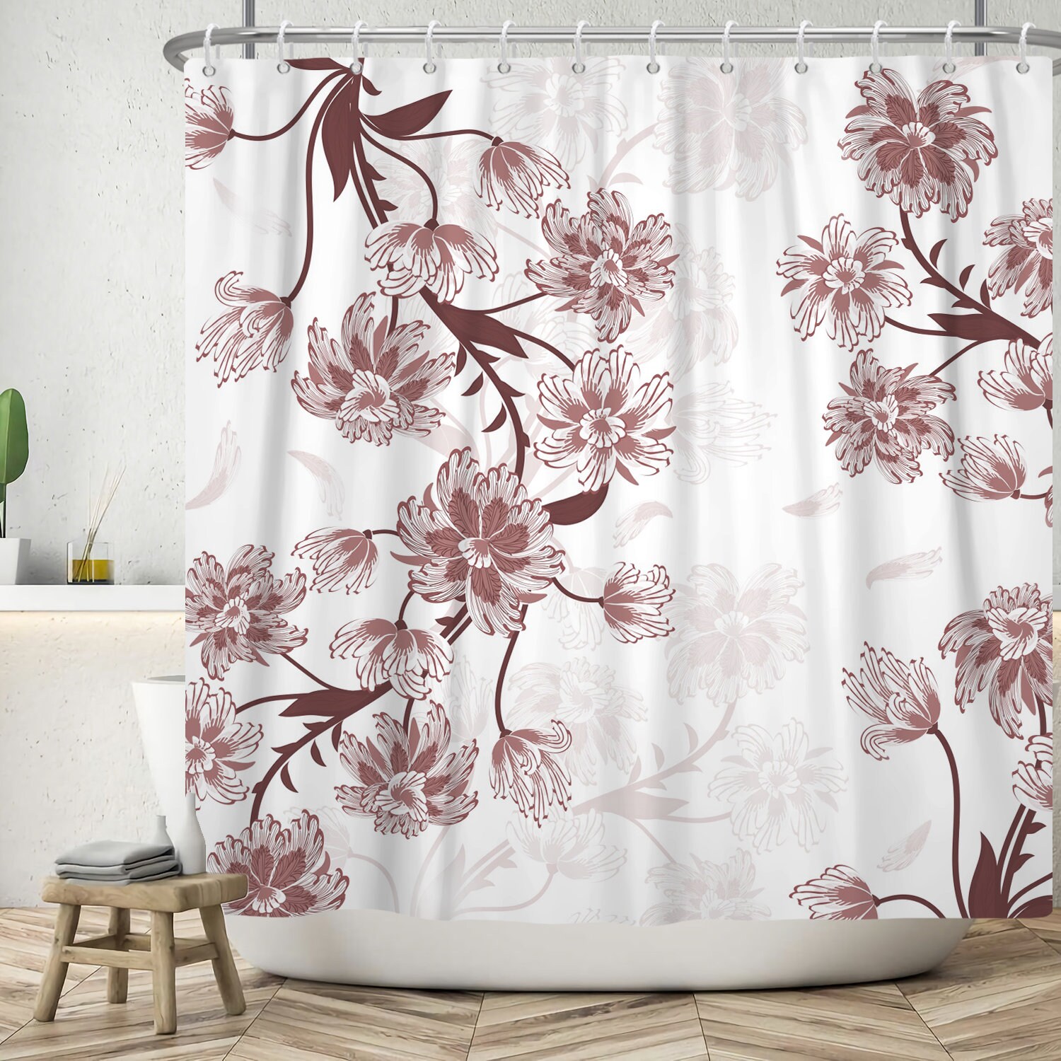 Modern Flamingo Floral Shower Curtain With Watercolor Design