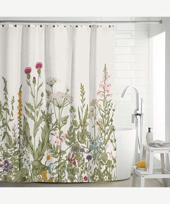 Modern Floral Shower Curtain With Botanical Wild Flower Herb Plant Design