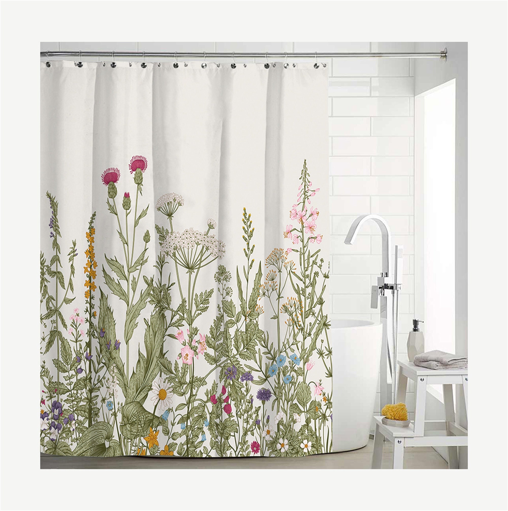Modern Floral Shower Curtain With Botanical Wild Flower Herb Plant Design