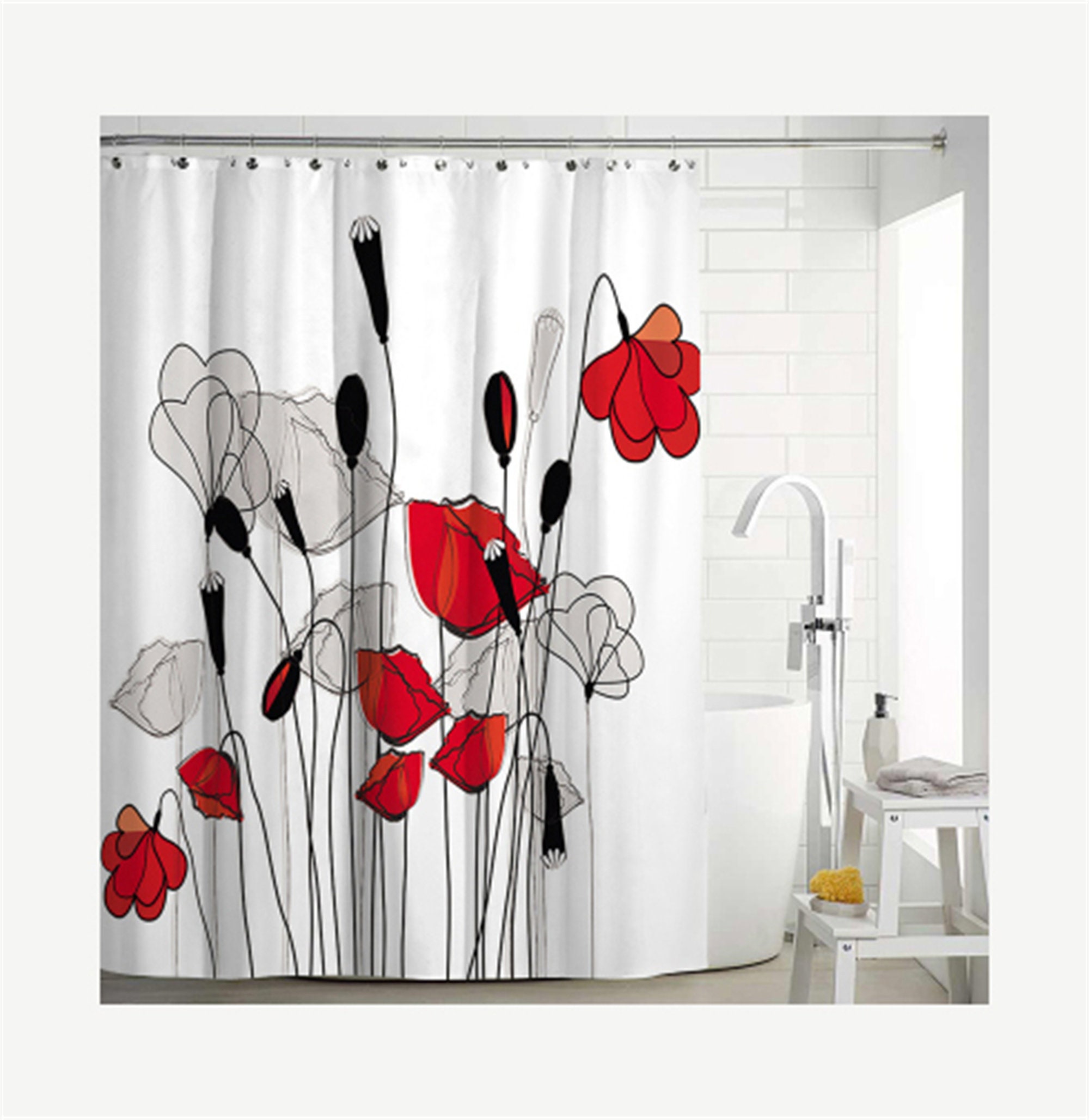 Modern Floral Shower Curtain With Botanical Wild Flower Herb Plant Design - Image 2